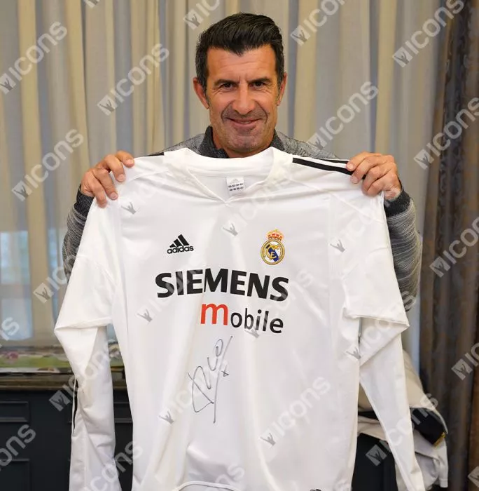 Icons Luis Figo Official UEFA Champions League Front Signed And Framed Real Madrid 2004-05 Home Shirt - Long Sleeved
