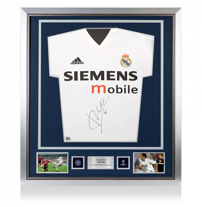 icons Luis Figo Official UEFA Champions League Front Signed and Framed Real Madrid 2004-05 Home Shirt - Long Sleeved