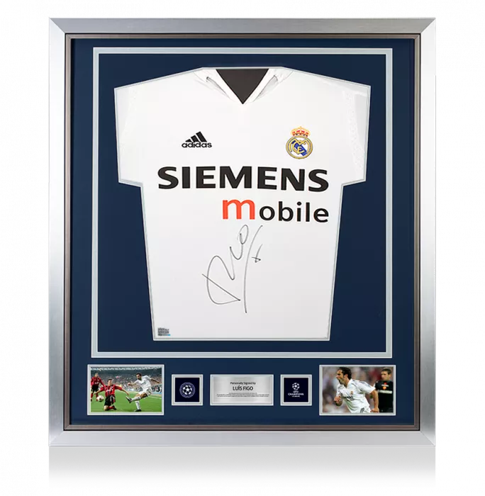 icons Luis Figo Official UEFA Champions League Front Signed and Framed Real Madrid 2004-05 Home Shirt