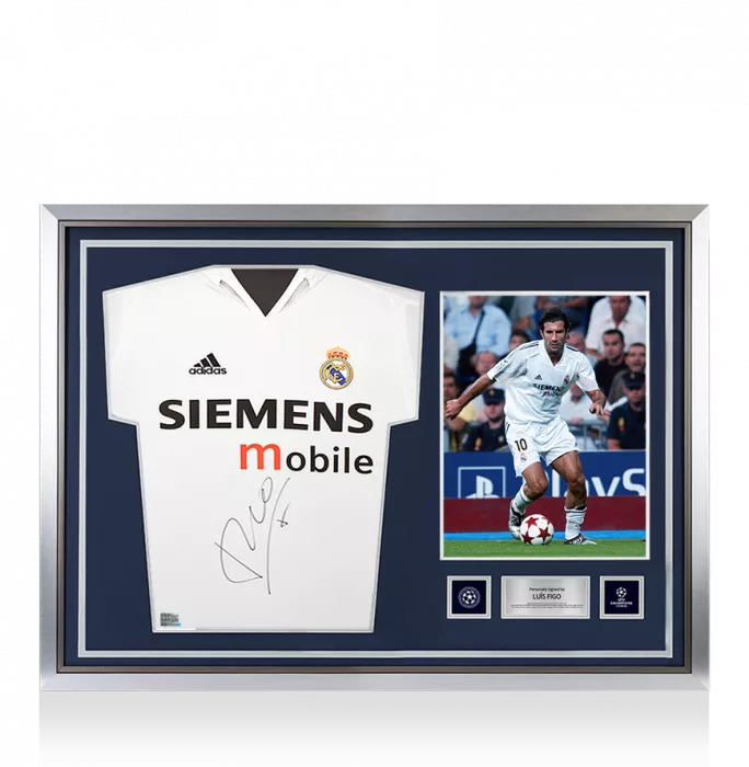 icons Luis Figo Official UEFA Champions League Front Signed and Hero Framed Real Madrid 2004-05 Home Shirt