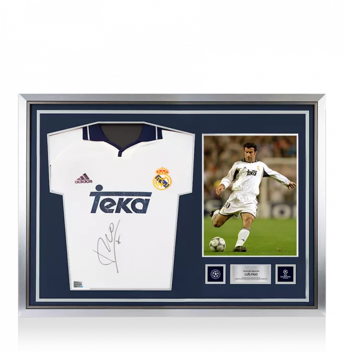 icons Luis Figo Official UEFA Champions League Front Signed and Hero Framed Real Madrid 2000-01 Home Shirt