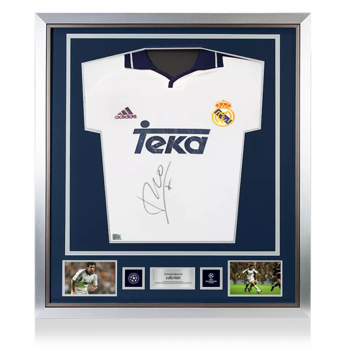 icons Luis Figo Official UEFA Champions League Front Signed and Framed Real Madrid 2000-01 Home Shirt