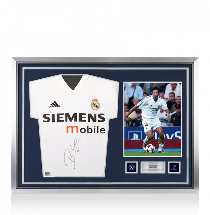 icons Luis Figo Official UEFA Champions League Front Signed and Hero Framed Real Madrid 2004-05 Home Shirt - Long Sleeved