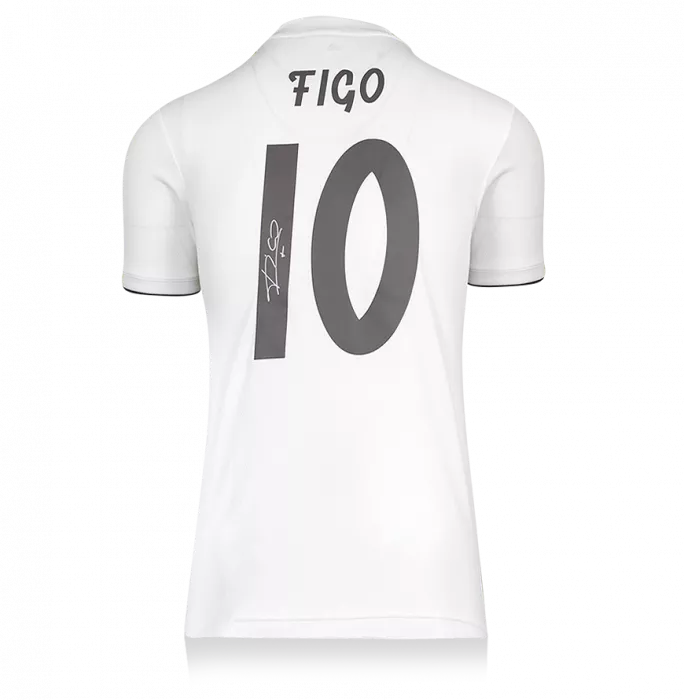 Icons Luis Figo Signed Modern Real Madrid Home Shirt With Fan Style Number In Hero Frame: Option 1