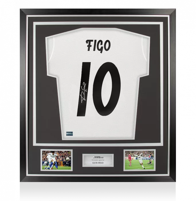 icons Luis Figo Signed Modern Real Madrid Home Shirt With Fan Style Number In Classic Frame