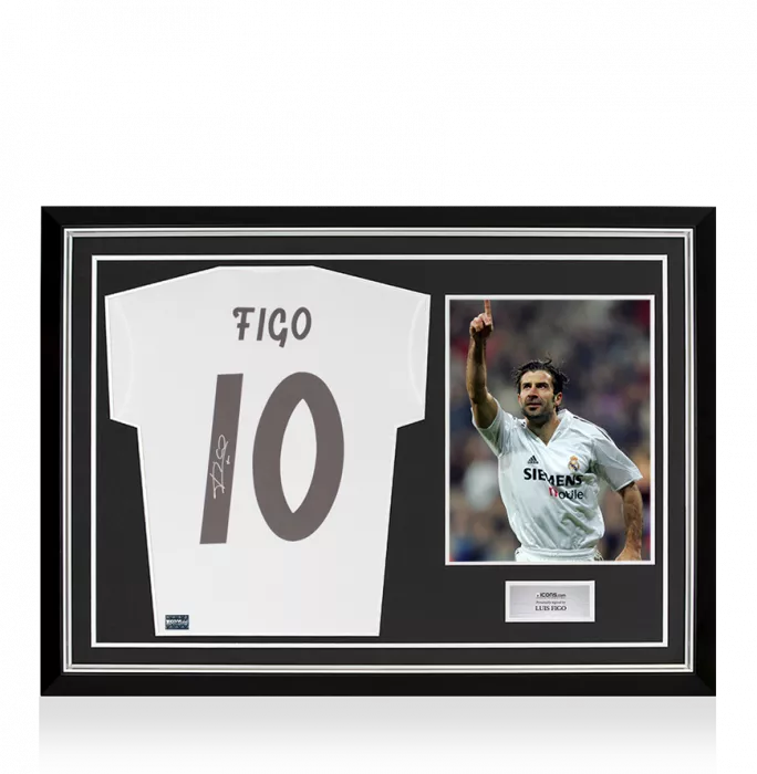 icons Luis Figo Signed Modern Real Madrid Home Shirt With Fan Style Number In Hero Frame: Option 1