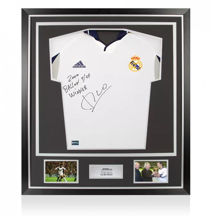icons Luis Figo Signed Real Madrid 2000-01 Home Shirt - "2000 Ballon d'Or Winner" Inscription In Classic Frame