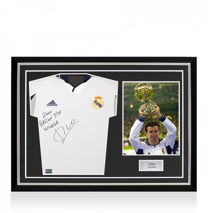 icons Luis Figo Signed Real Madrid 2000-01 Home Shirt - "2000 Ballon d'Or Winner" Inscription In Hero Frame: Option 1