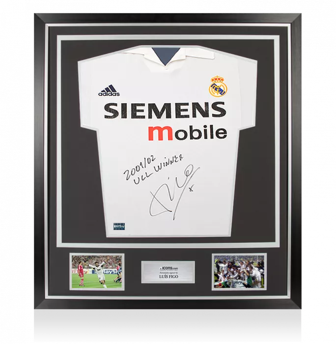 icons Luis Figo Signed Real Madrid Centenary Home Shirt- "01-02 UCL Winner" Inscription In Classic Frame