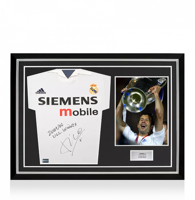 icons Luis Figo Signed Real Madrid Centenary Home Shirt- "01-02 UCL Winner" Inscription In Hero Frame: Option 1