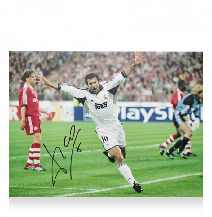 Icons Luis Figo Signed Real Madrid Photo In Black Wooden Frame: UEFA Champions League Goal