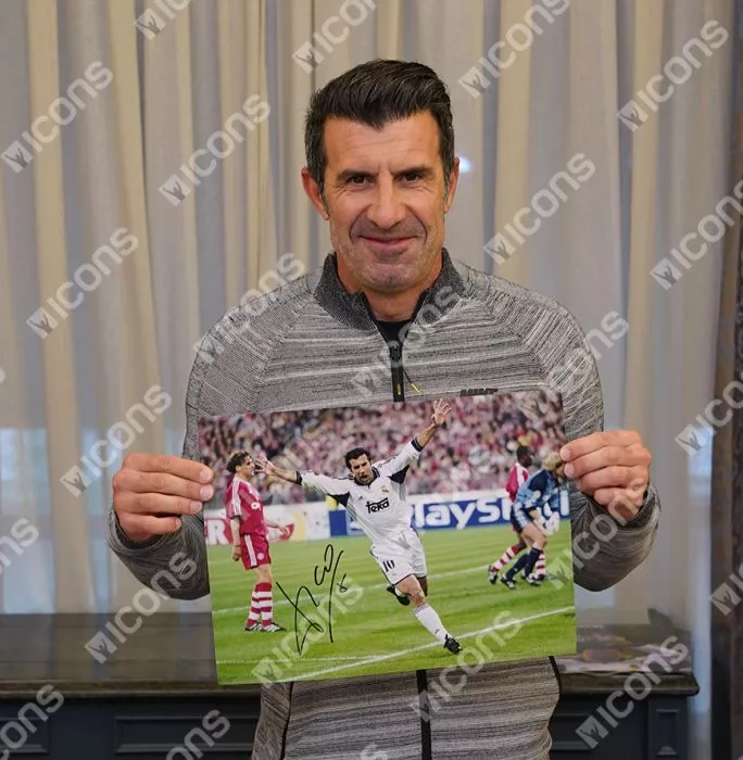 Icons Luis Figo Signed Real Madrid Photo In Black Wooden Frame: UEFA Champions League Goal