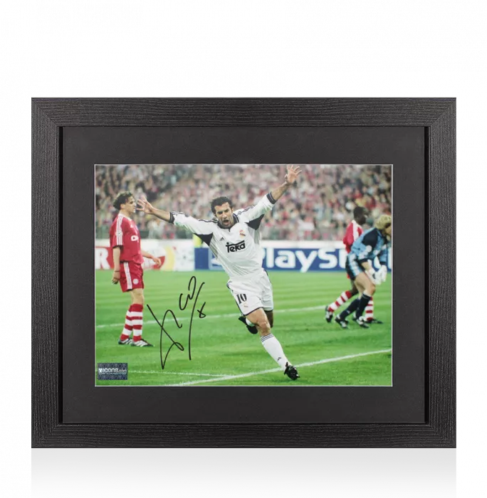 icons Luis Figo Signed Real Madrid Photo In Black Wooden Frame: UEFA Champions League Goal