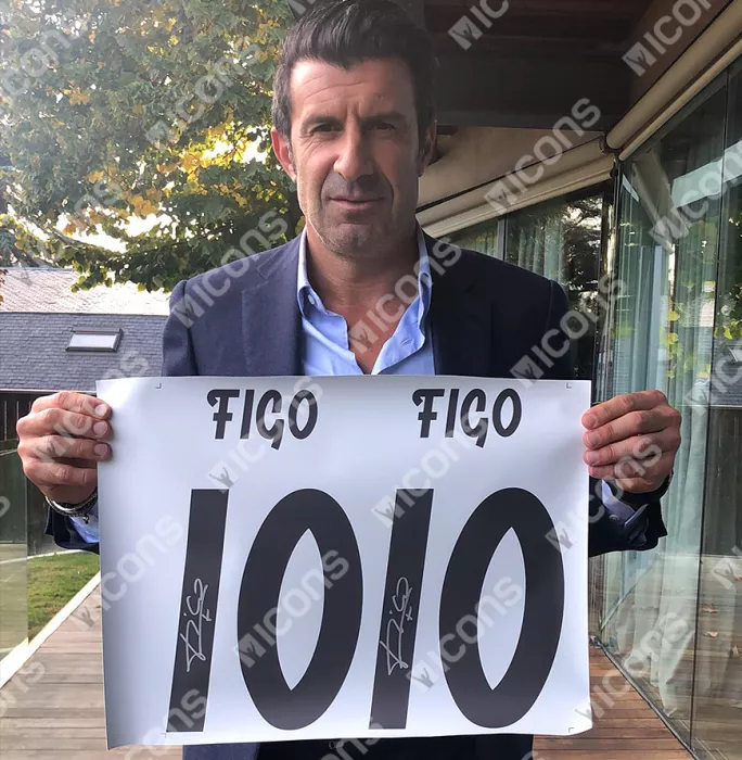 Icons Luis Figo Signed Real Madrid Tonal Crest T-Shirt With Fan Style Number In Classic Frame