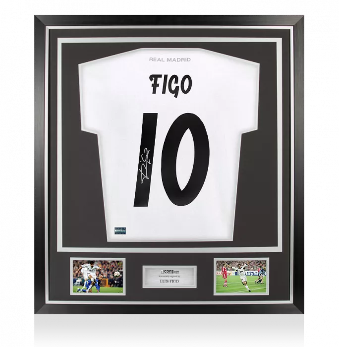 Icons Luis Figo Signed Real Madrid Tonal Crest T-Shirt With Fan Style Number In Classic Frame
