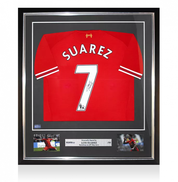icons Luis Suarez Back Signed and Framed Liverpool 2013-14 Home Shirt