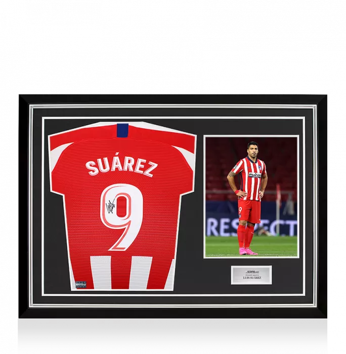 icons Luis Suarez Back Signed Atletico Madrid 2019-20 Home Shirt with Fan Style Number In Hero Frame: Option 1