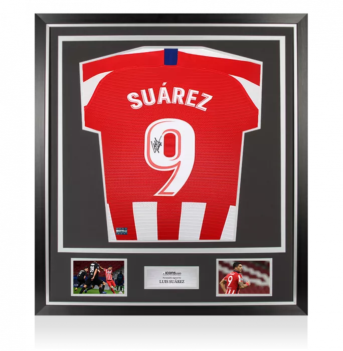 icons Luis Suarez Back Signed Atletico Madrid 2019-20 Home Shirt with Fan Style Number In Classic Frame