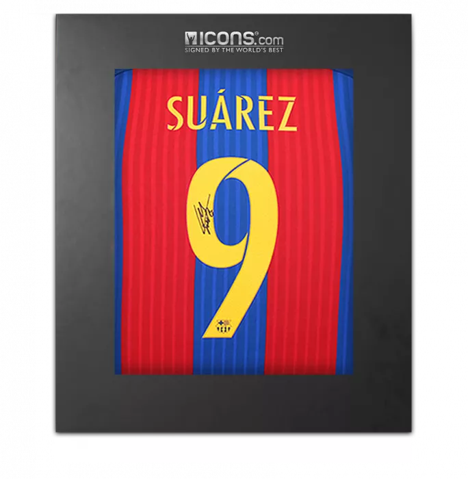icons Luis Suarez Back Signed FC Barcelona 2016-17 Home Shirt In Deluxe Packaging