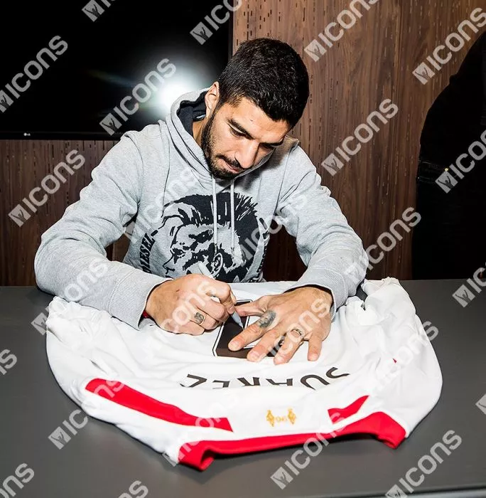 Icons Luis Suarez Back Signed Liverpool 2013-14 Away Shirt In Hero Frame: Option 1