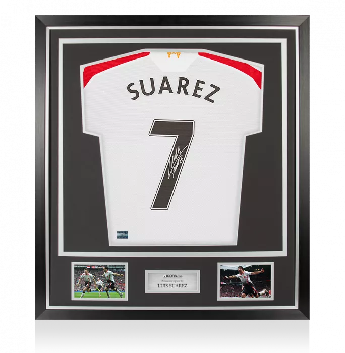 icons Luis Suarez Back Signed Liverpool 2013-14 Away Shirt With Long Sleeves In Classic Frame