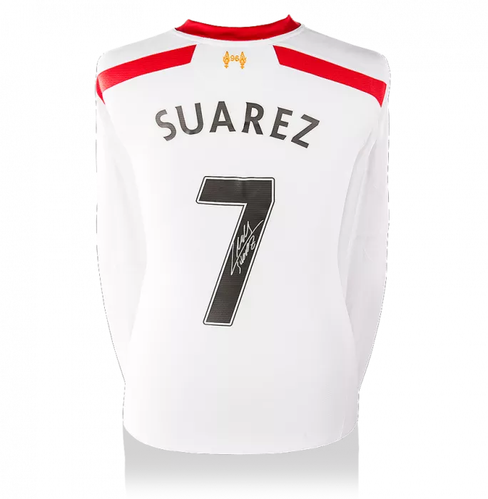 icons Luis Suarez Back Signed Liverpool 2013-14 Away Shirt With Long Sleeves