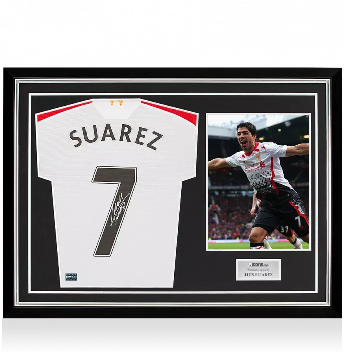 icons Luis Suarez Back Signed Liverpool 2013-14 Away Shirt In Hero Frame: Option 1