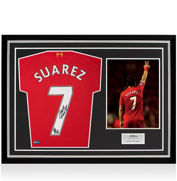 icons Luis Suarez Back Signed Liverpool 2013-14 Home Shirt In Hero Frame: Option 1