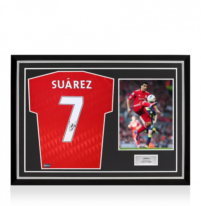 icons Luis Suarez Back Signed Liverpool FC 2010-12 Home Shirt In Hero Frame: Option 1