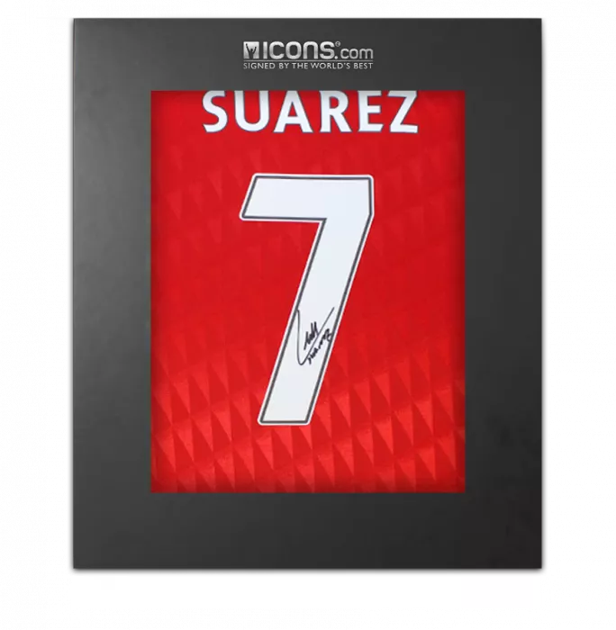 icons Luis Suarez Back Signed Liverpool FC 2010-12 Home Shirt In Deluxe Packaging