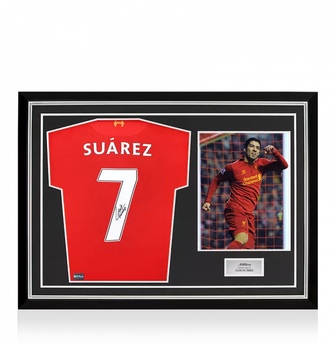 icons Luis Suarez Back Signed Liverpool FC 2012-13 Home Shirt with Fan Style Number In Hero Frame: Option 1
