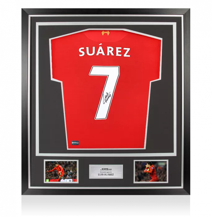 icons Luis Suarez Back Signed Liverpool FC 2012-13 Home Shirt with Fan Style Number In Classic Frame