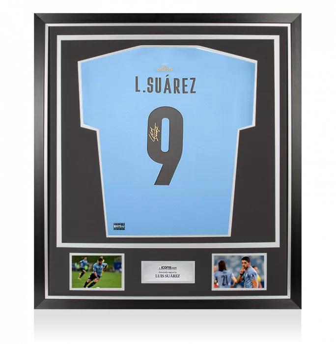 icons Luis Suarez Back Signed Uruguay 2021-22 Home Shirt with Fan Style Number In Classic Frame