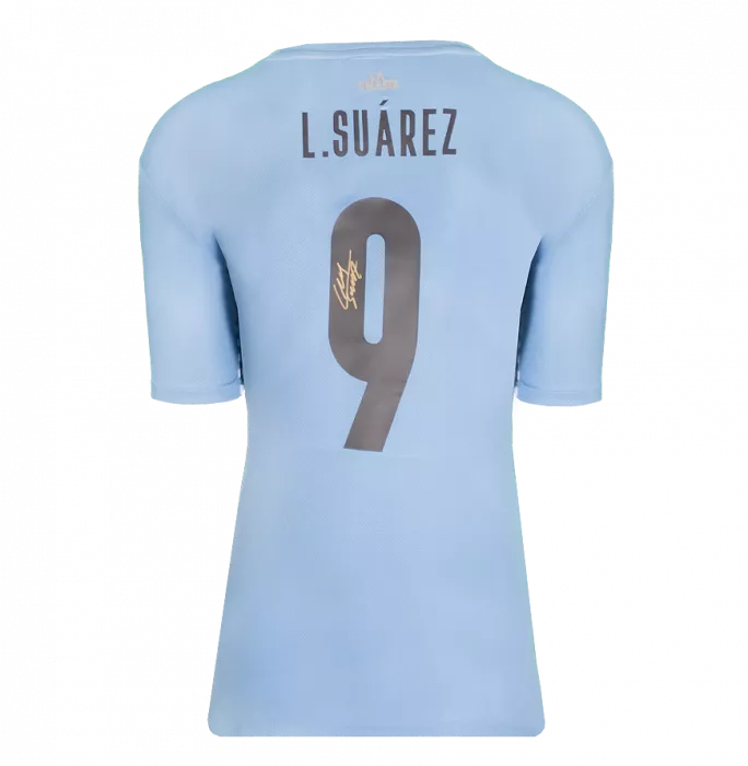 Icons Luis Suarez Back Signed Uruguay 2021-22 Home Shirt With Fan Style Number In Hero Frame: Copa América Edition