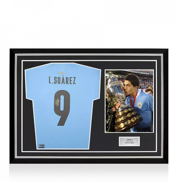 icons Luis Suarez Back Signed Uruguay 2021-22 Home Shirt with Fan Style Number In Hero Frame: Copa América Edition