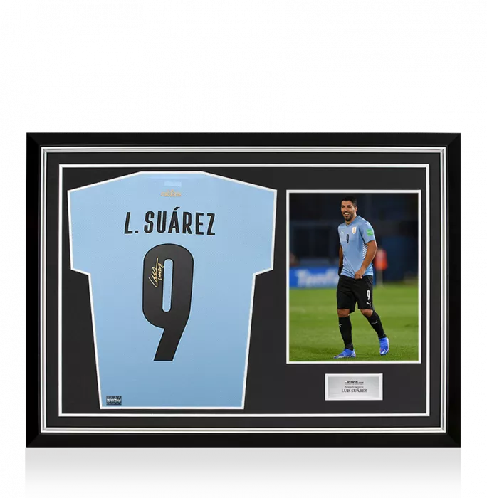 icons Luis Suarez Back Signed Uruguay 2021-22 Home Shirt In Hero Frame: Option 1