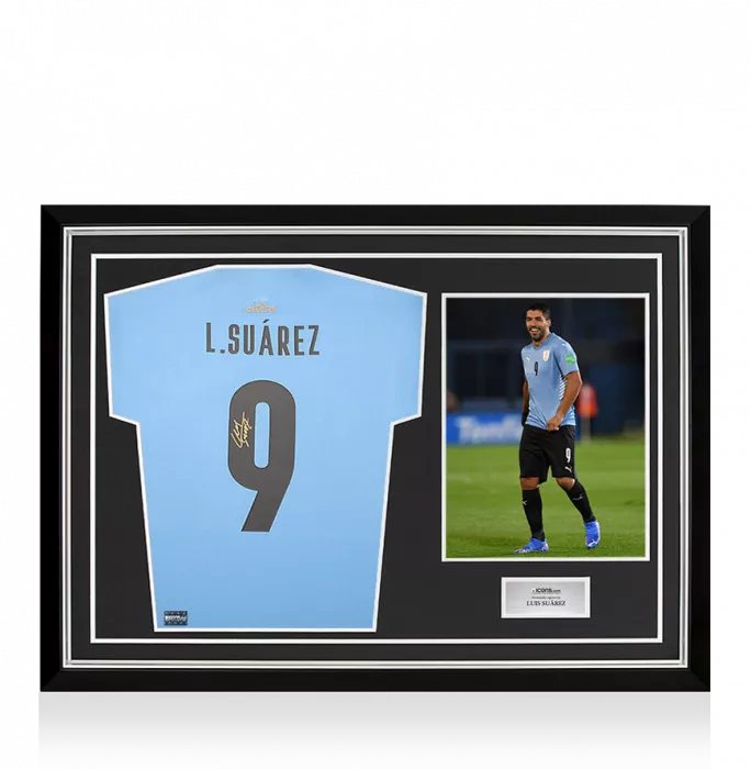 icons Luis Suarez Back Signed Uruguay 2021-22 Home Shirt with Fan Style Number In Hero Frame: Option 1