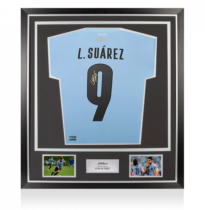 icons Luis Suarez Back Signed Uruguay 2021-22 Home Shirt In Classic Frame