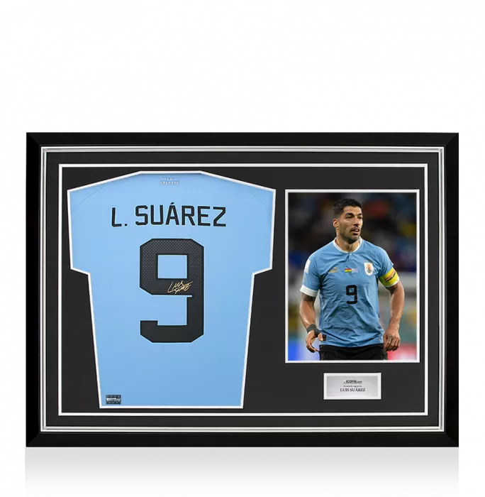 icons Luis Suarez Back Signed Uruguay 2022-23 Home Shirt In Hero Frame: Option 1