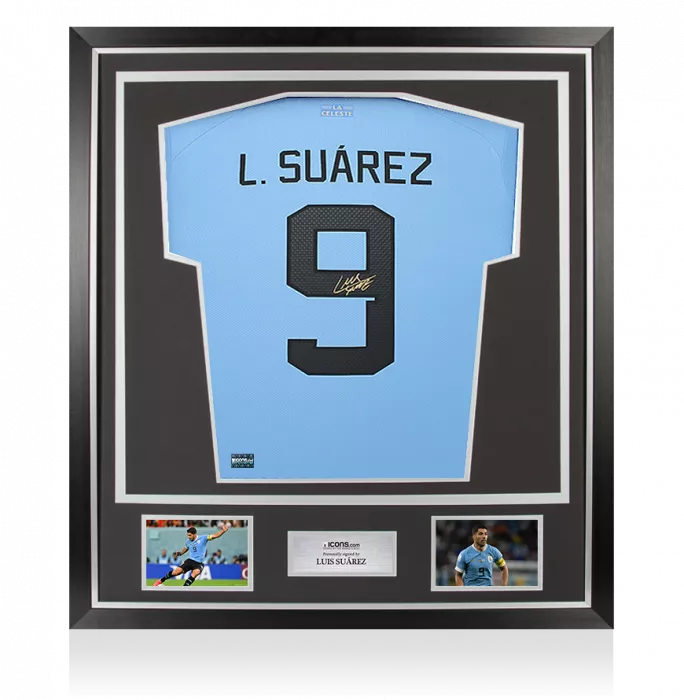 icons Luis Suarez Back Signed Uruguay 2022-23 Home Shirt In Classic Frame