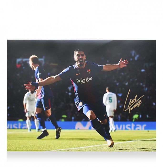 Icons Luis Suarez FC Barcelona Signed Photo In Black Wooden Frame: Arms Out Celebration Vs Real Madrid