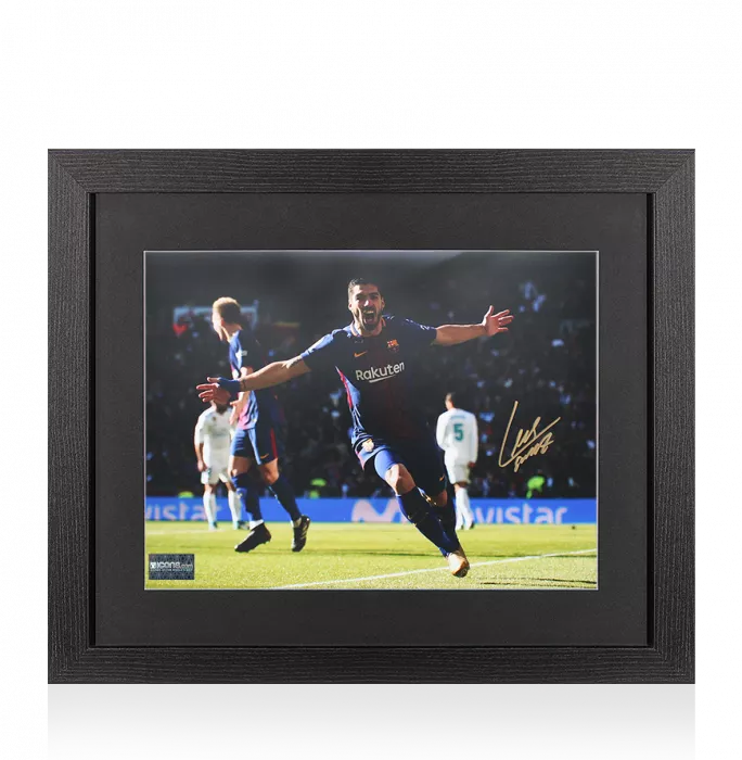 icons Luis Suarez FC Barcelona Signed Photo In Black Wooden Frame: Arms Out Celebration vs Real Madrid