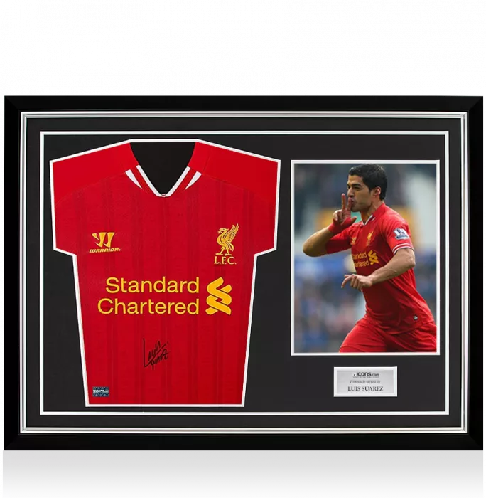 Icons Luis Suarez Front Signed Liverpool 2013-14 Home Shirt In Hero Frame: Option 1