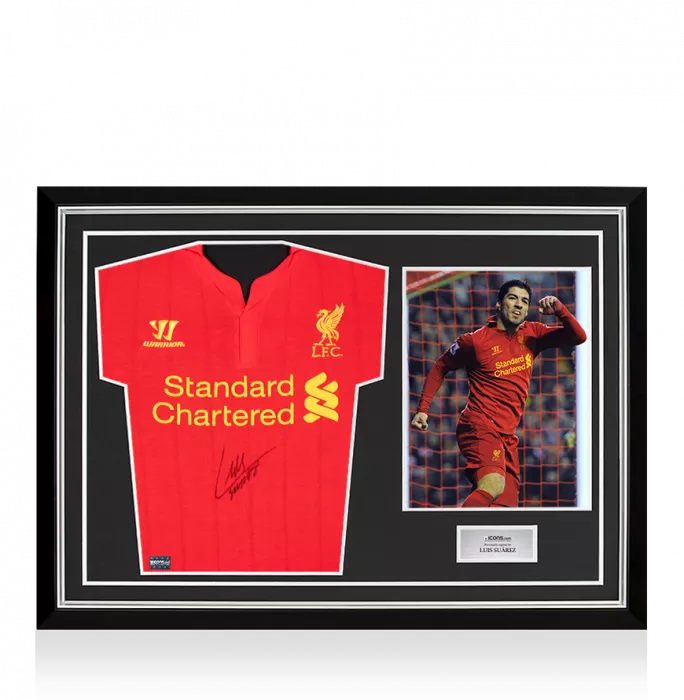 icons Luis Suarez Front Signed Liverpool FC 2012-13 Home Shirt In Hero Frame: Option 1
