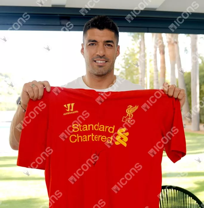 Icons Luis Suarez Front Signed Liverpool FC 2012-13 Home Shirt In Classic Frame