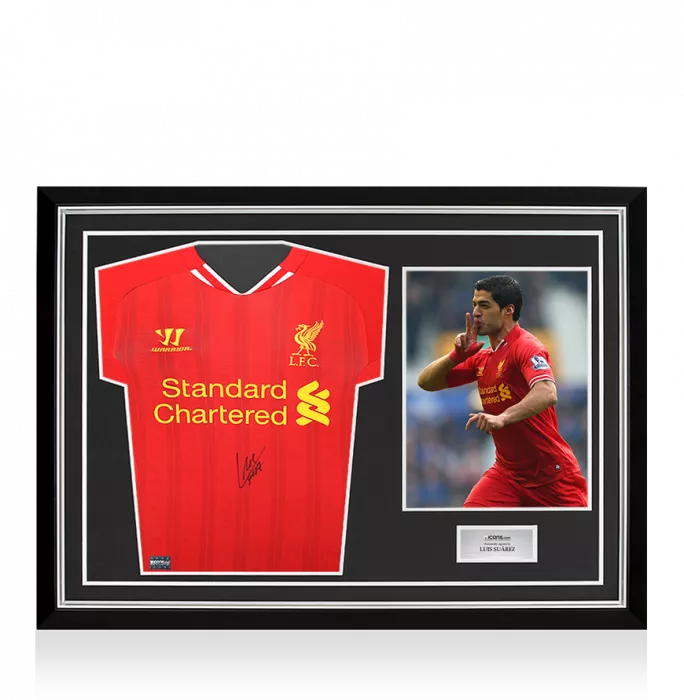 icons Luis Suarez Front Signed Liverpool FC 2013-14 Home Shirt In Hero Frame: Option 1