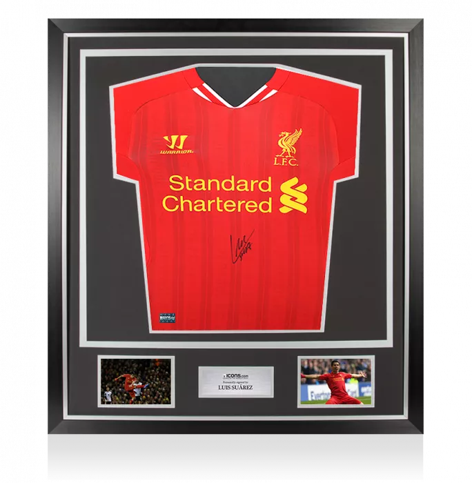 icons Luis Suarez Front Signed Liverpool FC 2013-14 Home Shirt In Classic Frame
