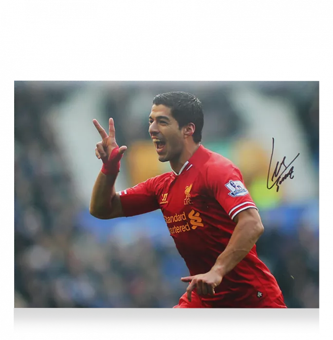 Icons Luis Suarez Liverpool FC Signed Photo In Black Wooden Frame: Famous Celebration