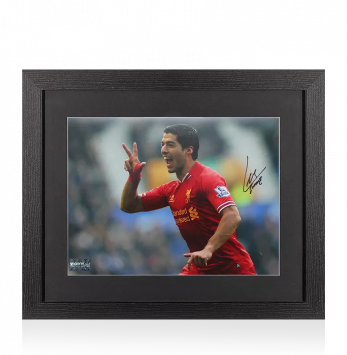 Icons Luis Suarez Liverpool FC Signed Photo In Black Wooden Frame: Famous Celebration