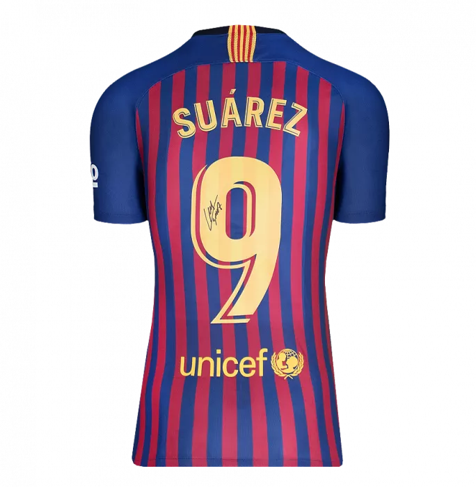 Icons Luis Suarez Official FC Barcelona Back Signed And Framed 2018-19 Home Shirt With Fan Style Number